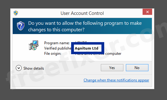 Screenshot where Agnitum Ltd appears as the verified publisher in the UAC dialog